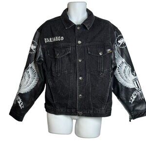 Parasuco Eagle Mens Biker Denim Jacket Faux Leather‎ Sleeves Size L Black